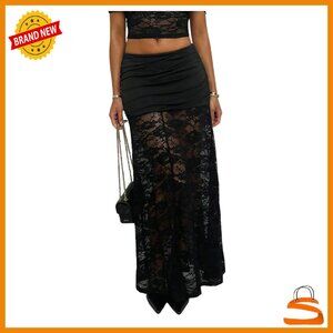 Women's Lace Maxi Skirt Sheer Mesh Ruched Drop Waist Long